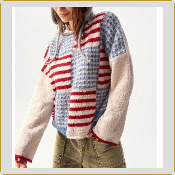 Cozy Patchwork Knit Sweater – Red & Blue Americana Pattern – Size M - Picture 5 of 10